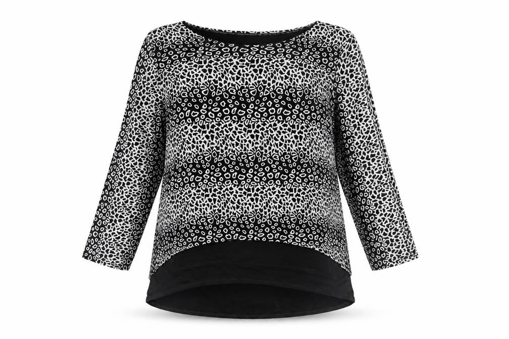 Front view of Saloos women’s black geometric nylon basic blouse, size UK 16, round neck - layered