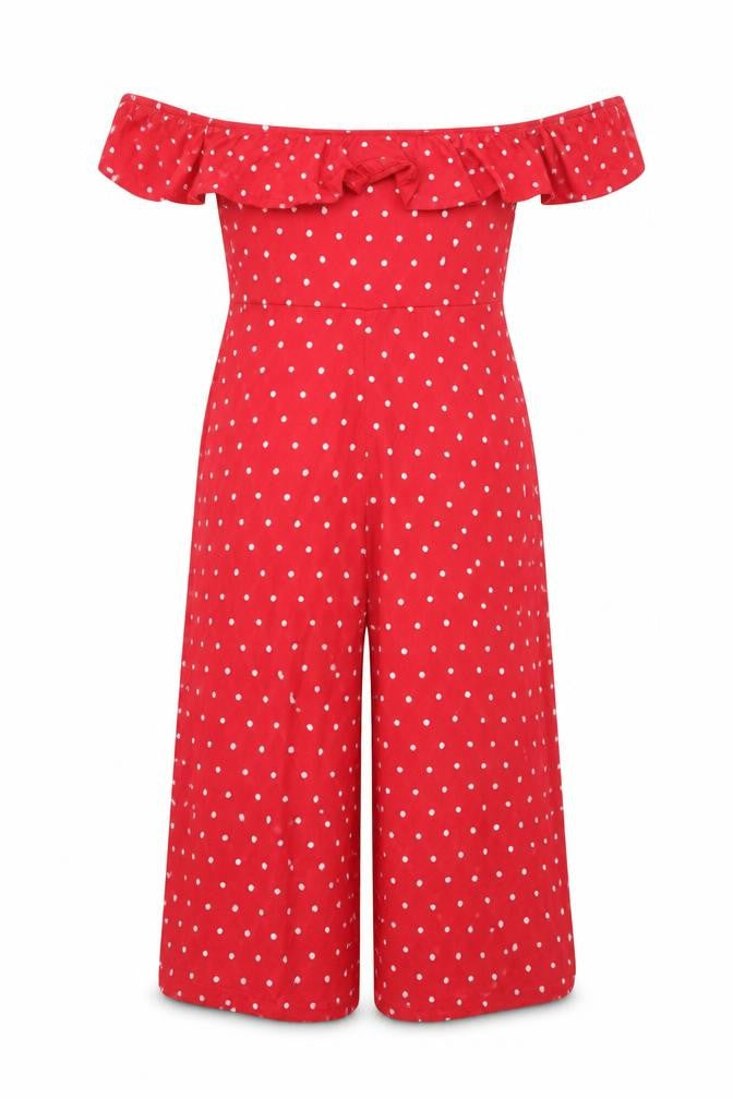 Front view of Missguided women’s red polka dot polyester jumpsuit one-piece, size UK 10, 20-inch leg pullover