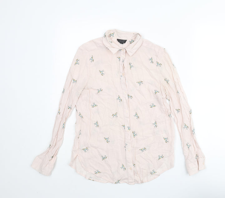 Topshop Womens Pink Geometric Viscose Basic Button-Up Size 6 Collared - Unicorn Pattern
