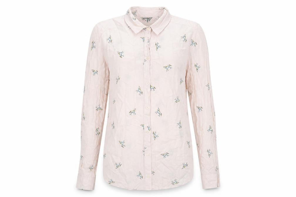 Front view of Topshop women’s pink geometric viscose basic button-up, size UK 6, collared - unicorn pattern