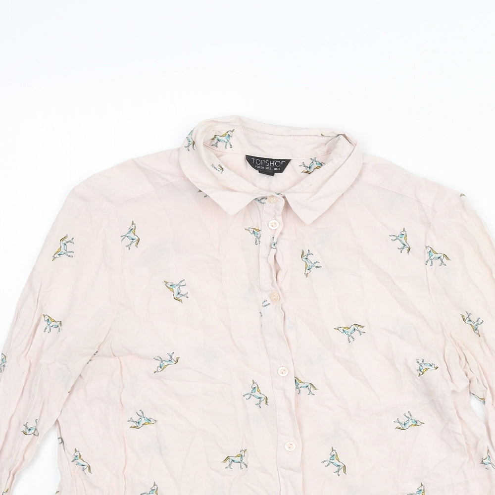 Topshop Womens Pink Geometric Viscose Basic Button-Up Size 6 Collared - Unicorn Pattern