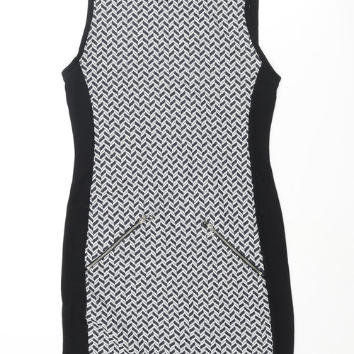 Select Womens Black Geometric Polyester Bodycon Size 10 Round Neck Pullover - Zip
