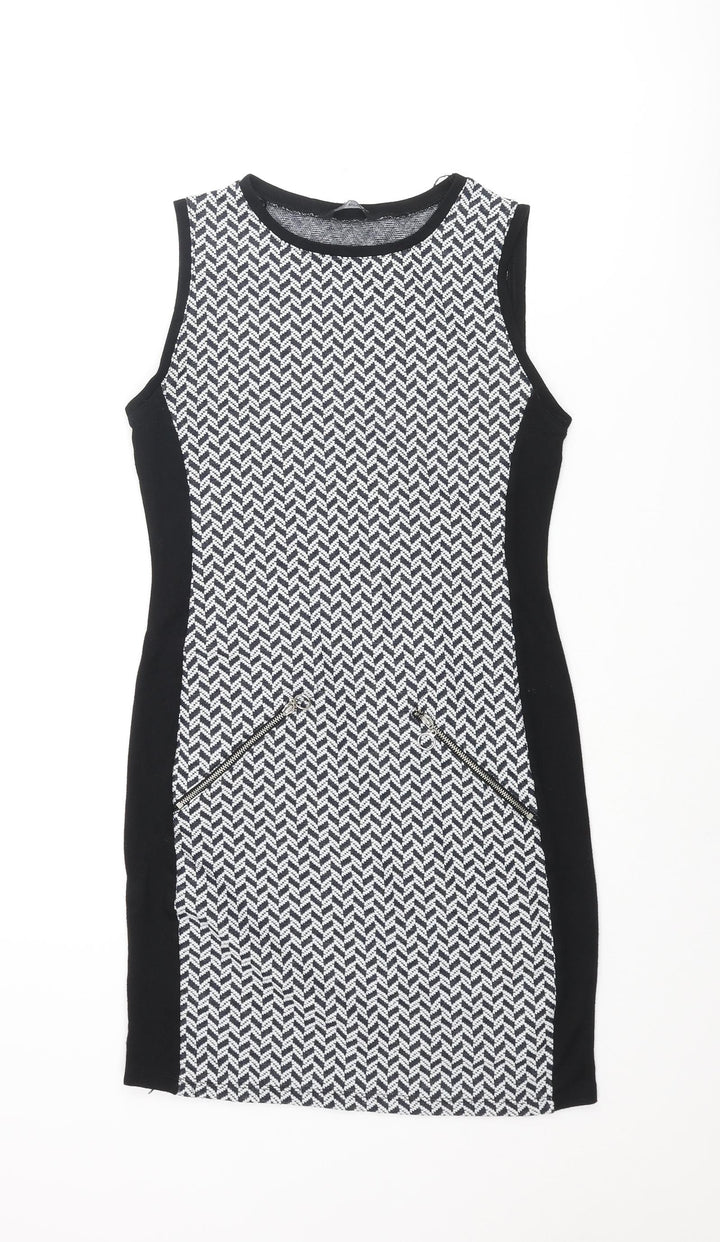 Select Womens Black Geometric Polyester Bodycon Size 10 Round Neck Pullover - Zip