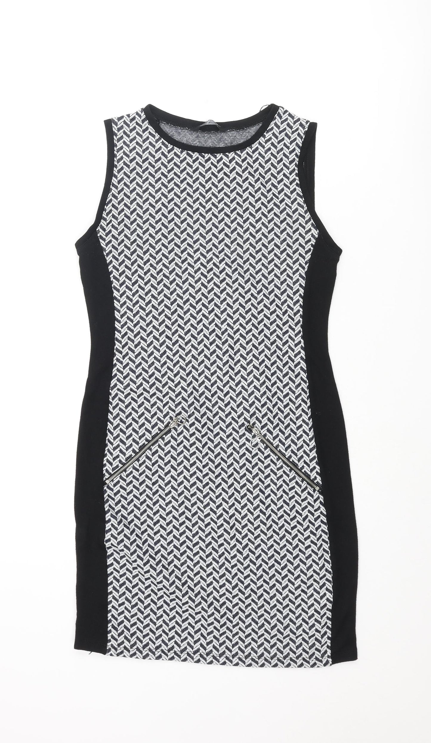 Select Womens Black Geometric Polyester Bodycon Size 10 Round Neck Pullover - Zip