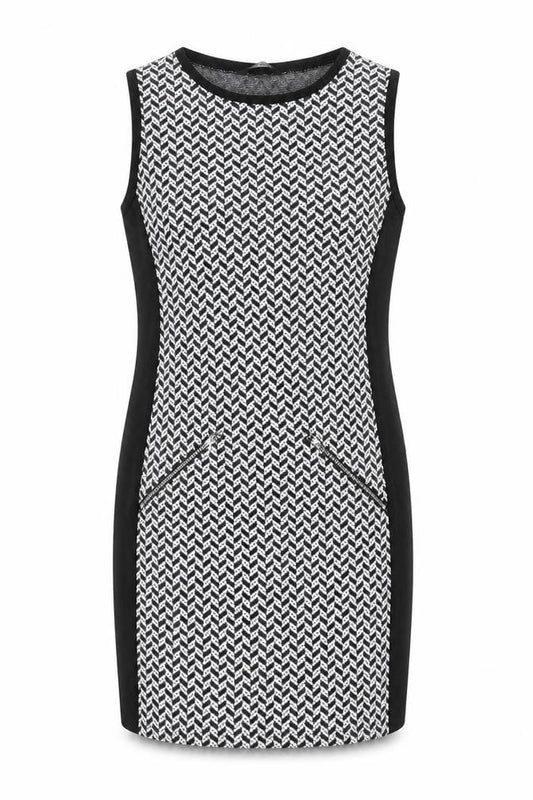 Front view of Select women’s black geometric polyester bodycon, size UK 10, round neck pullover - zip