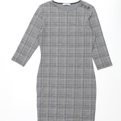Mango Womens Black Check Polyester Bodycon Size M Round Neck Pullover - Button Detail