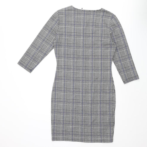 Mango Womens Black Check Polyester Bodycon Size M Round Neck Pullover - Button Detail