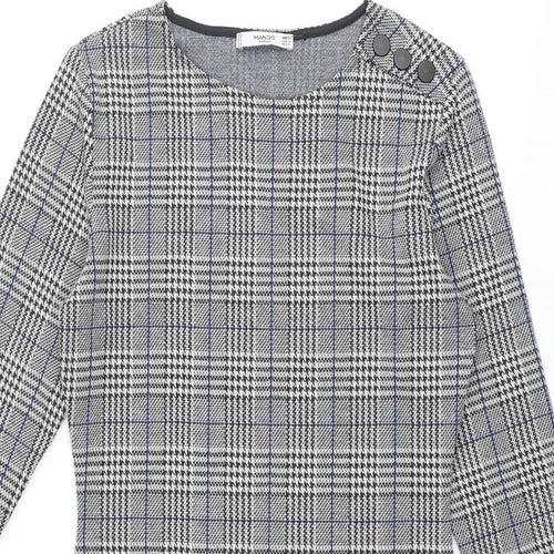 Mango Womens Black Check Polyester Bodycon Size M Round Neck Pullover - Button Detail