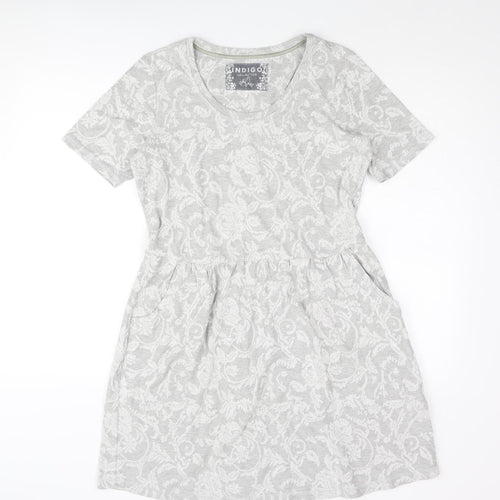 Indigo Womens Grey Floral Cotton A-Line Size 14 Round Neck Pullover