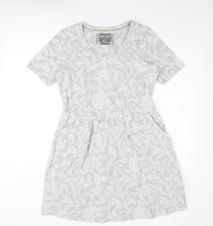 Indigo Womens Grey Floral Cotton A-Line Size 14 Round Neck Pullover