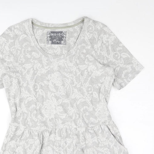 Indigo Womens Grey Floral Cotton A-Line Size 14 Round Neck Pullover