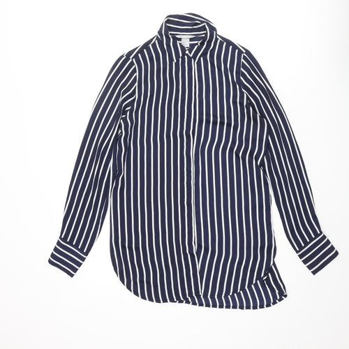 H&M Womens Blue Striped Polyester Basic Button-Up Size 8 Collared