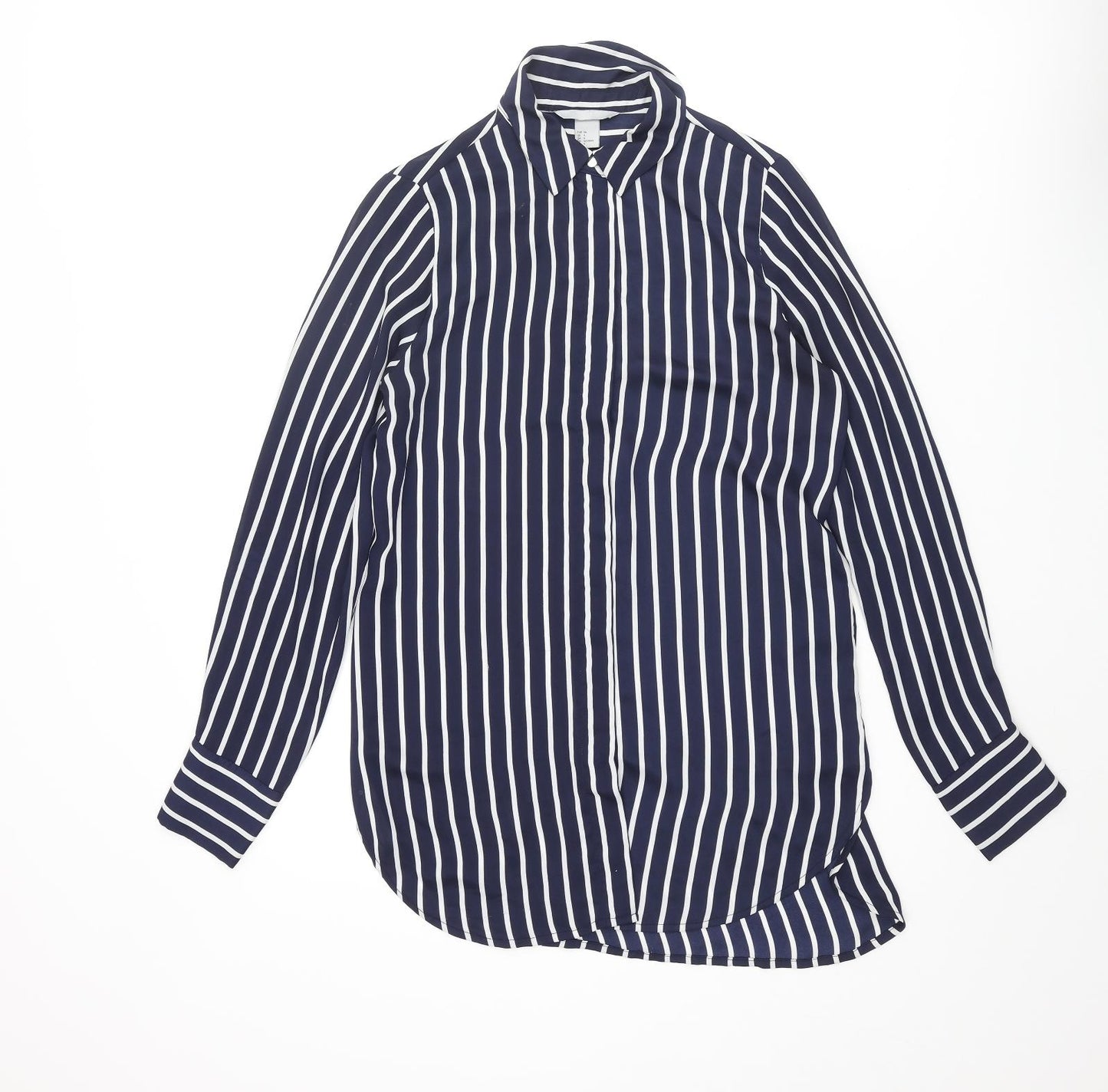 H&M Womens Blue Striped Polyester Basic Button-Up Size 8 Collared