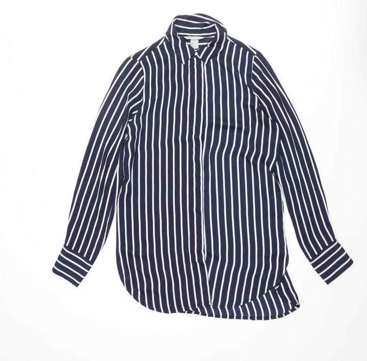 H&M Womens Blue Striped Polyester Basic Button-Up Size 8 Collared