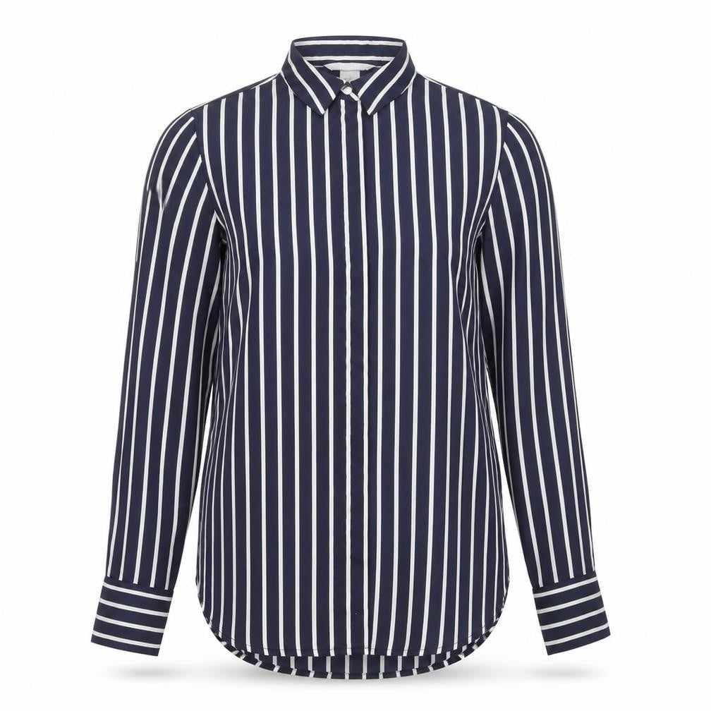 Front view of H&M women’s blue striped polyester basic button-up, size UK 8, collared