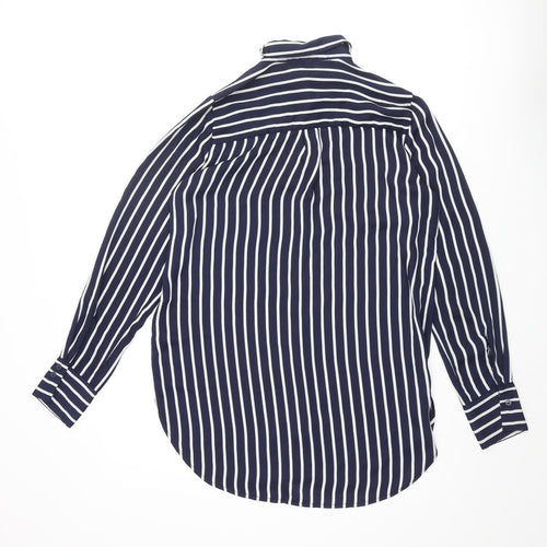 H&M Womens Blue Striped Polyester Basic Button-Up Size 8 Collared
