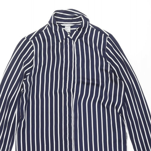 H&M Womens Blue Striped Polyester Basic Button-Up Size 8 Collared