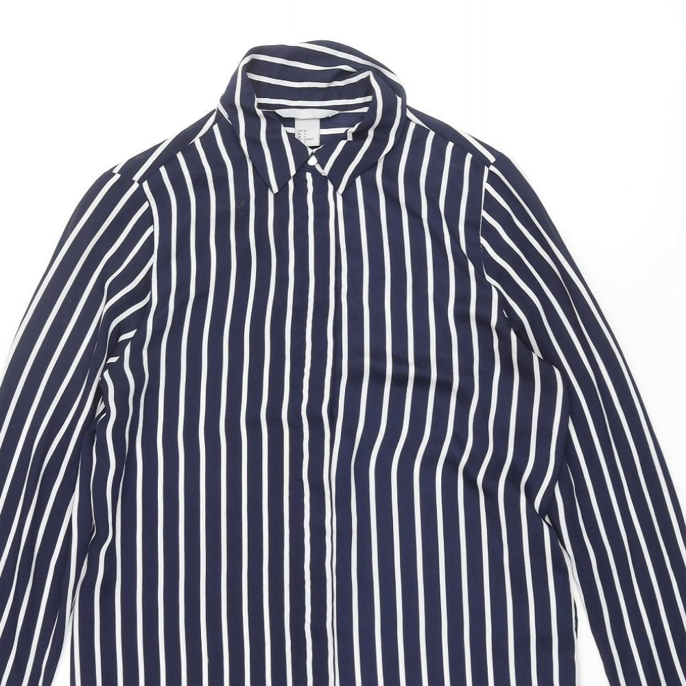 H&M Womens Blue Striped Polyester Basic Button-Up Size 8 Collared