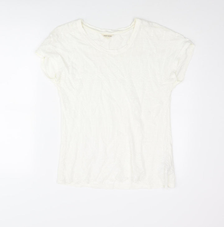 Indigo Womens Ivory Cotton Basic Blouse Size 10 Round Neck - Lace Front