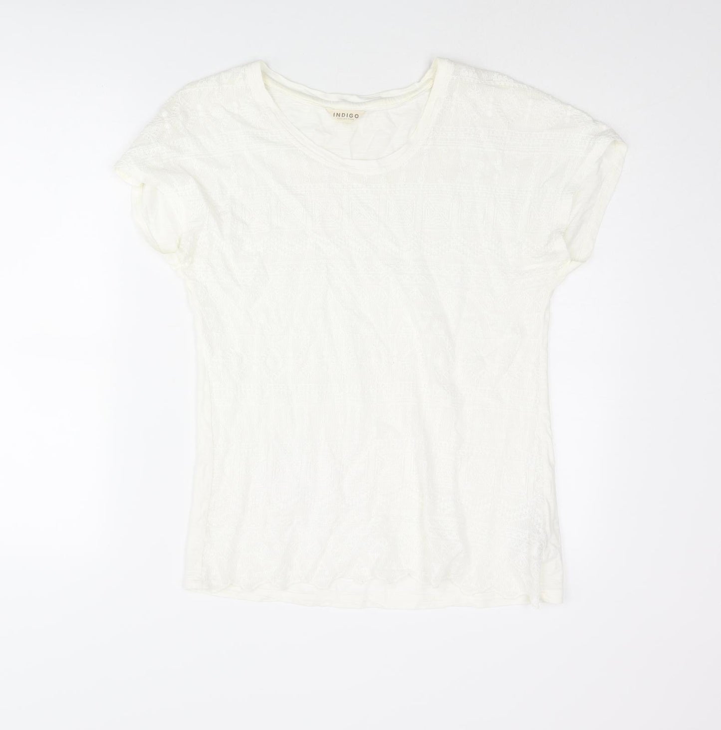 Indigo Womens Ivory Cotton Basic Blouse Size 10 Round Neck - Lace Front