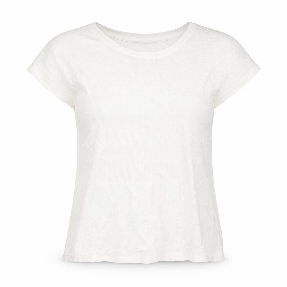Front view of Indigo women’s ivory cotton basic blouse, size UK 10, round neck - lace front