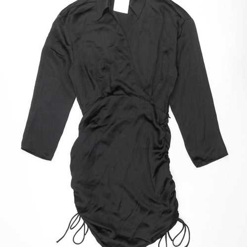 Zara Womens Black Polyester Shirt Dress Size M Collared Zip - Drawstring Hem