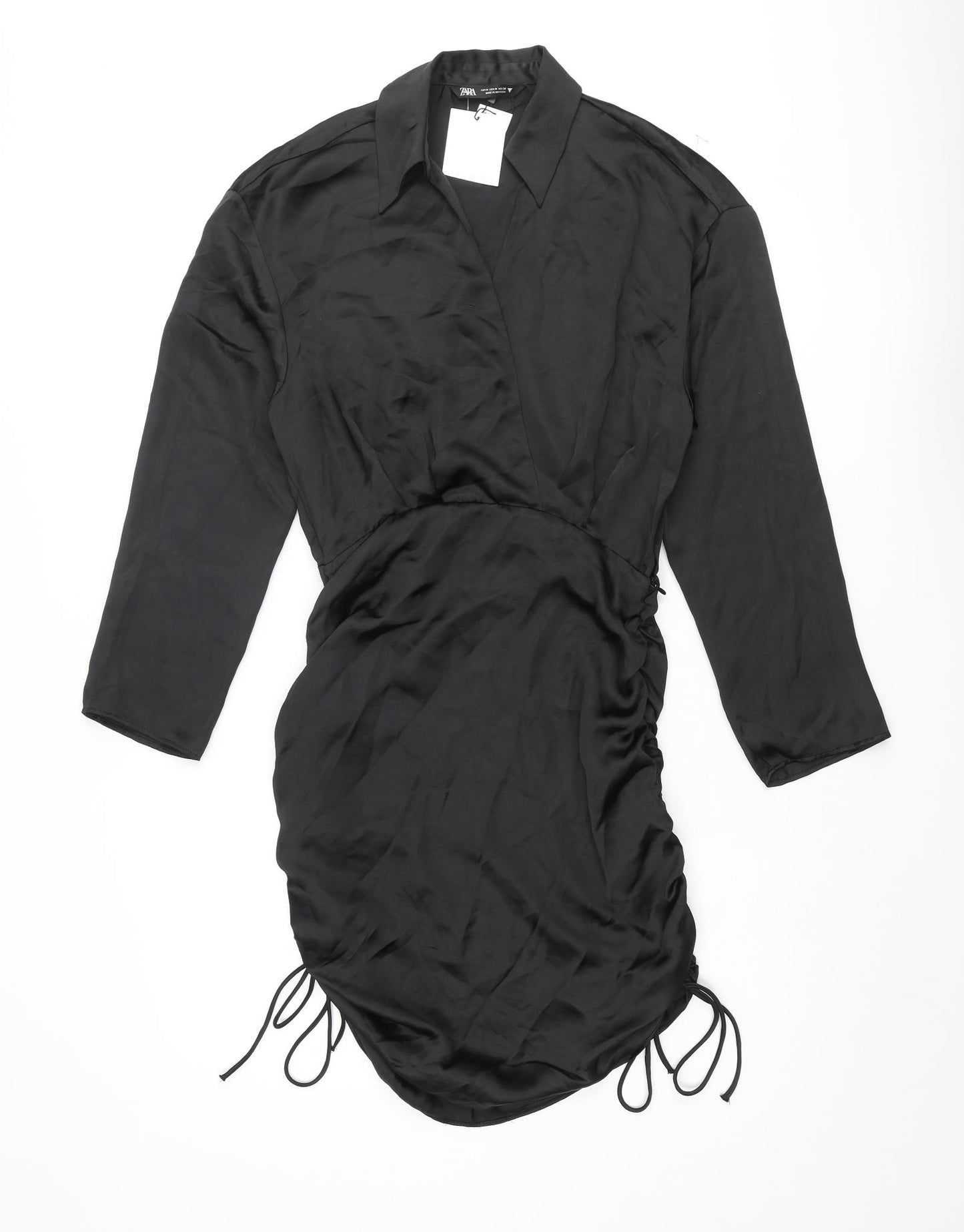 Zara Womens Black Polyester Shirt Dress Size M Collared Zip - Drawstring Hem