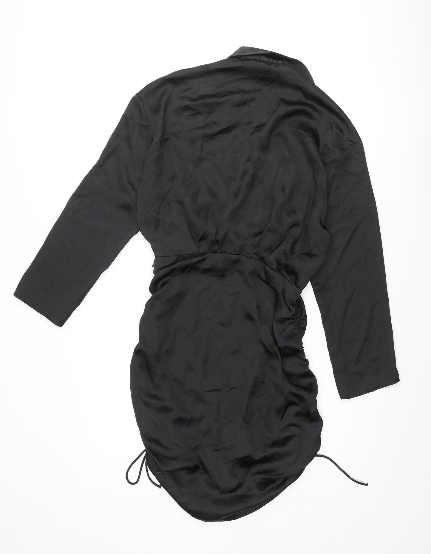 Zara Womens Black Polyester Shirt Dress Size M Collared Zip - Drawstring Hem