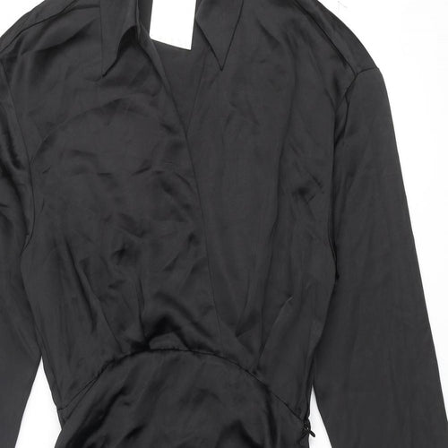 Zara Womens Black Polyester Shirt Dress Size M Collared Zip - Drawstring Hem