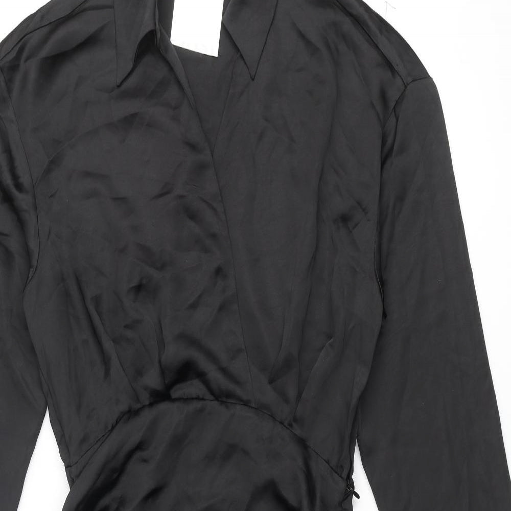 Zara Womens Black Polyester Shirt Dress Size M Collared Zip - Drawstring Hem