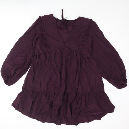 Zara Womens Purple Viscose A-Line Size M V-Neck Tie - Smocked Frill