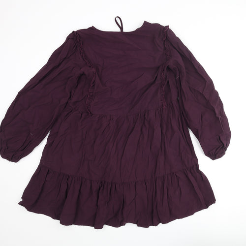 Zara Womens Purple Viscose A-Line Size M V-Neck Tie - Smocked Frill