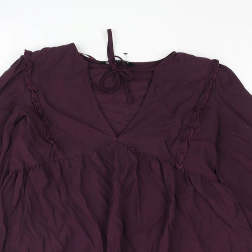 Zara Womens Purple Viscose A-Line Size M V-Neck Tie - Smocked Frill