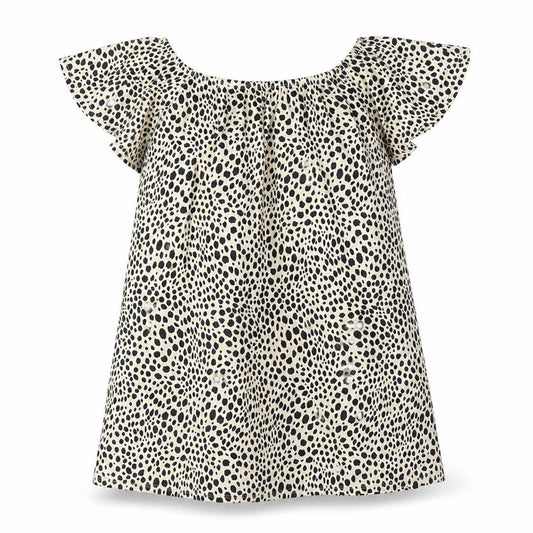 Front view of ASOS women’s yellow animal print polyester a-line, size UK 14, boat neck pullover - smocked cheetah print
