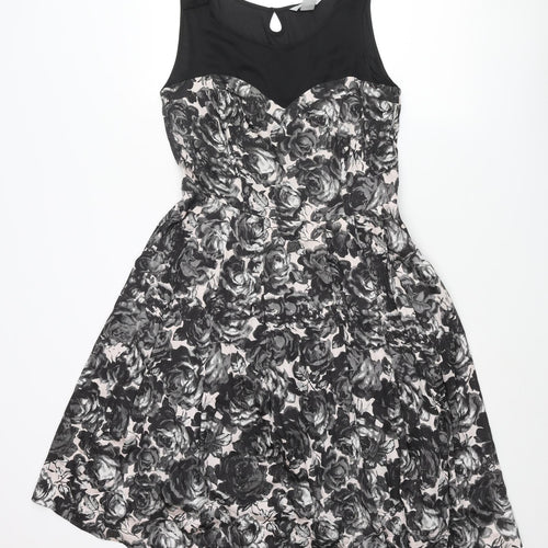 H&M Womens Black Floral Polyester Fit & Flare Size 12 Round Neck Zip - Pleated