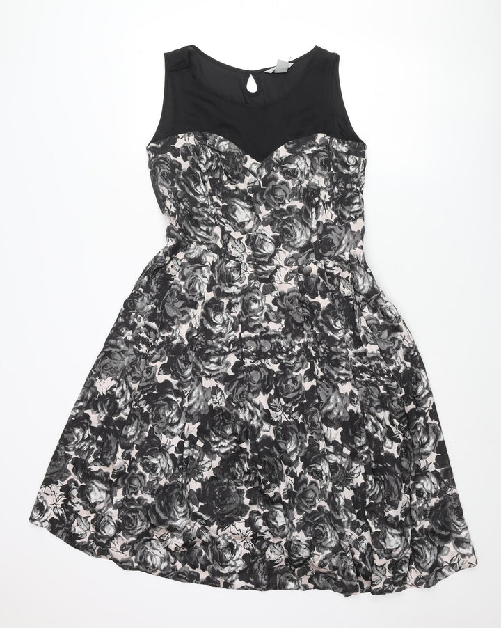 H&M Womens Black Floral Polyester Fit & Flare Size 12 Round Neck Zip - Pleated