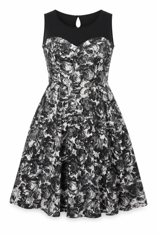 Front view of H&M women’s black floral polyester fit & flare, size UK 12, round neck zip - pleated