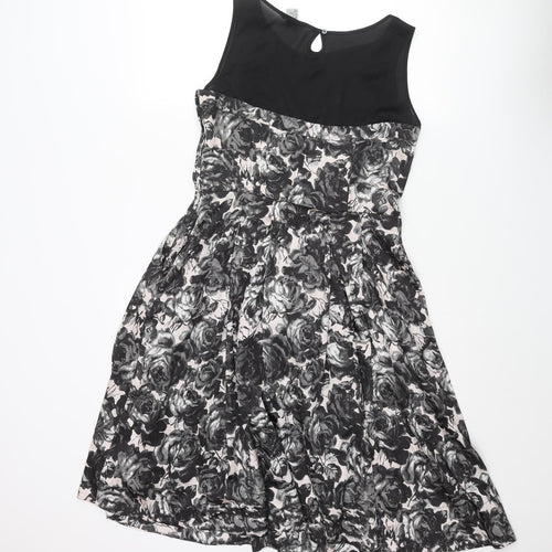 H&M Womens Black Floral Polyester Fit & Flare Size 12 Round Neck Zip - Pleated