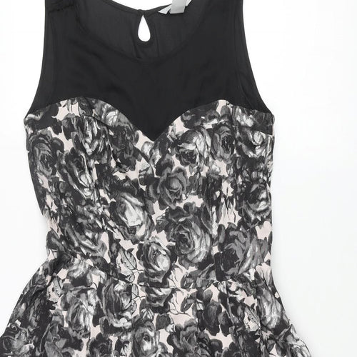 H&M Womens Black Floral Polyester Fit & Flare Size 12 Round Neck Zip - Pleated