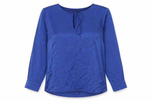 Front view of H&M women’s blue polyester basic blouse, size UK 10, round neck - keyhole neck