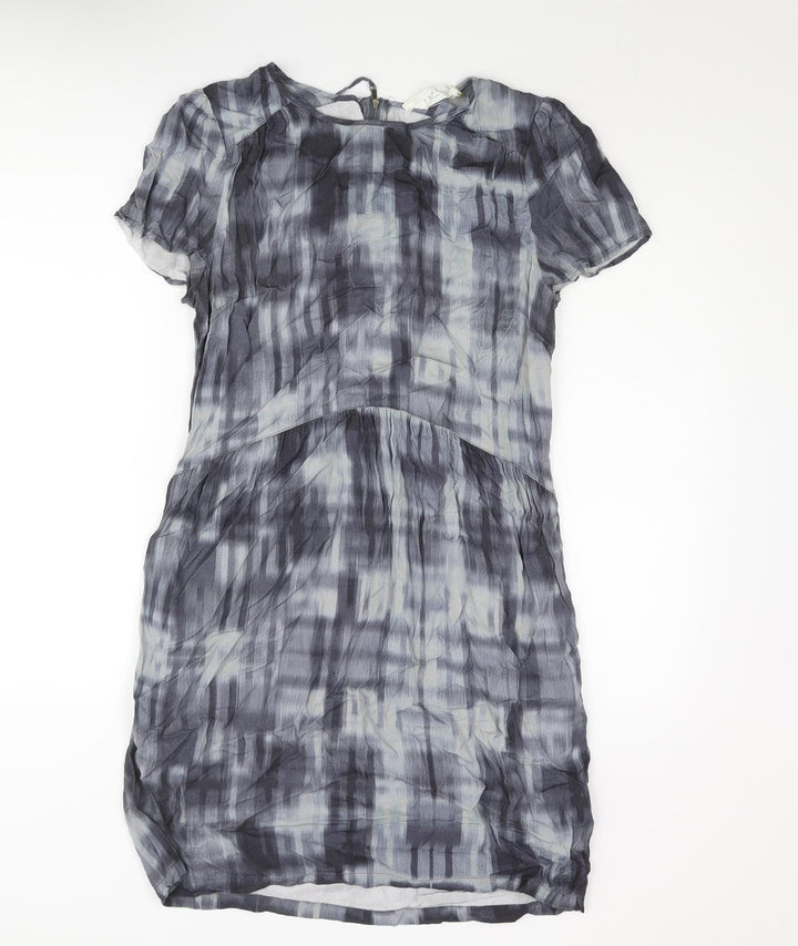 John Lewis Womens Blue Geometric Viscose Shift Size 12 Round Neck Zip
