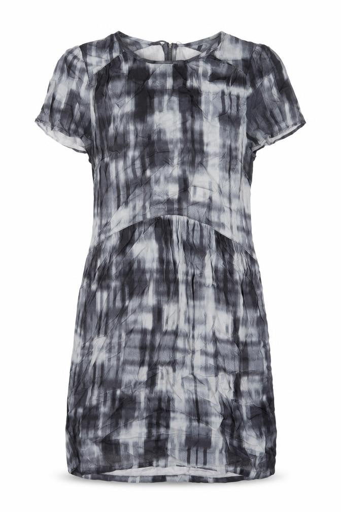Front view of John Lewis women’s blue geometric viscose shift, size UK 12, round neck zip