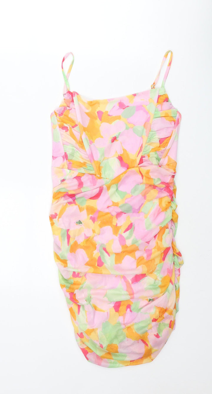 Stradivarius Womens Multicoloured Floral Polyester Mini Size L Scoop Neck Pullover - Rouched Corset Bodice