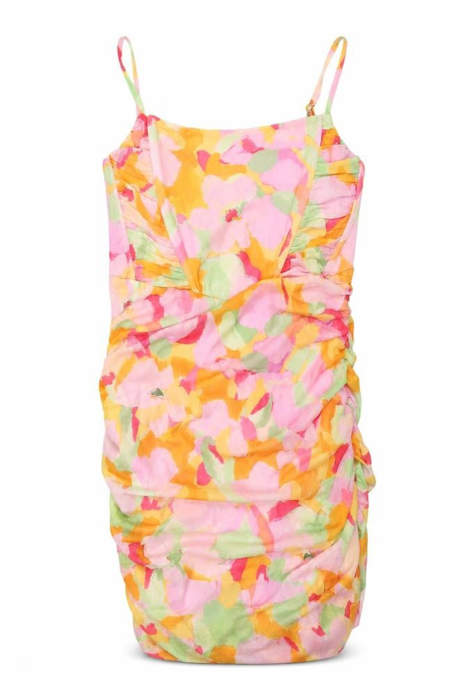 Front view of Stradivarius women’s multicoloured floral polyester mini, size L, scoop neck pullover - rouched corset bodice