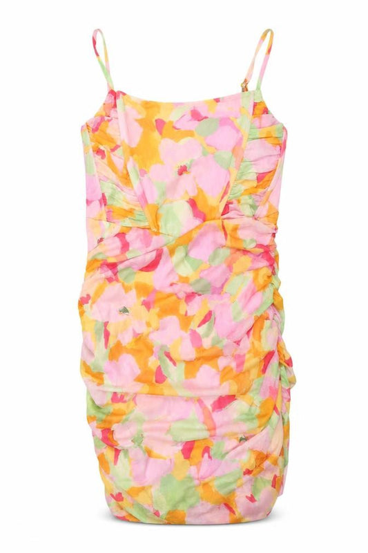 Front view of Stradivarius women’s multicoloured floral polyester mini, size L, scoop neck pullover - rouched corset bodice