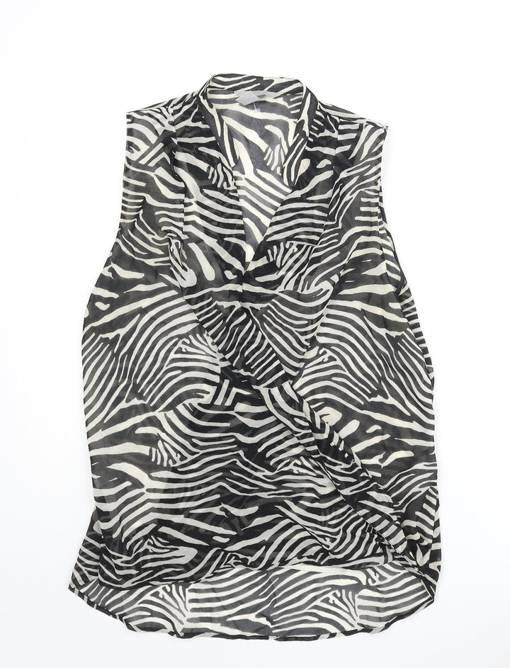 H&M Womens Black Animal Print Polyester Basic Blouse Size 8 V-Neck - Wrap Style Zebra Print