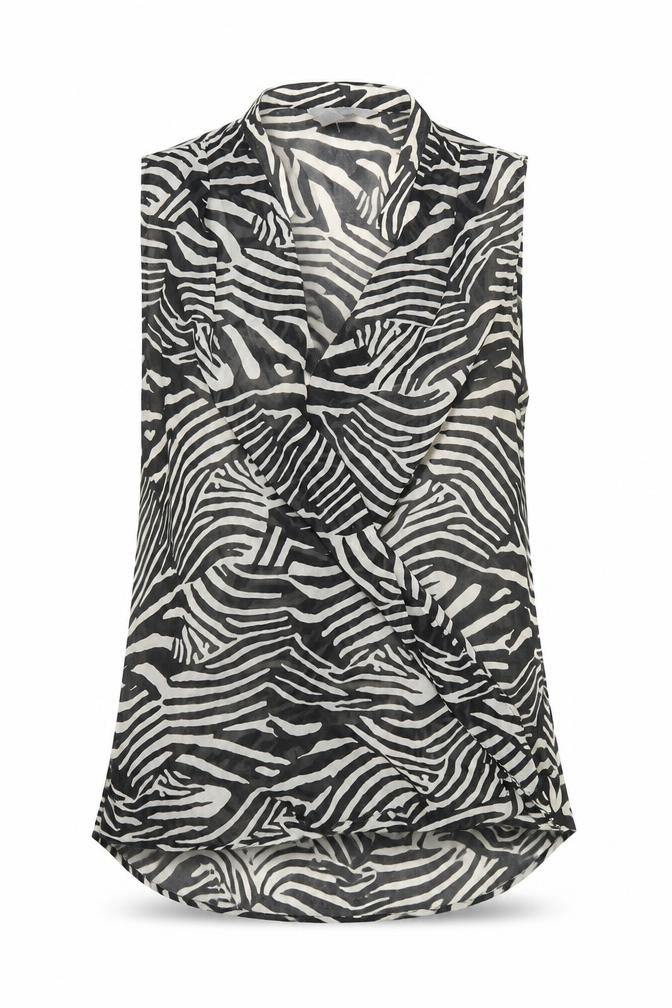 Front view of H&M women’s black animal print polyester basic blouse, size UK 8, v-neck - wrap style zebra print