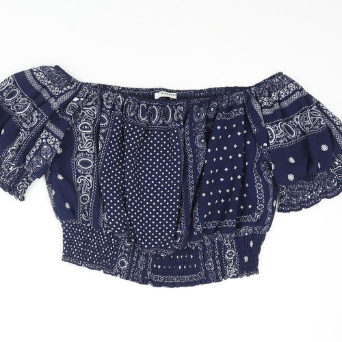 Glamorous Womens Blue Paisley Polyester Cropped Blouse Size S Off the Shoulder - Rouched