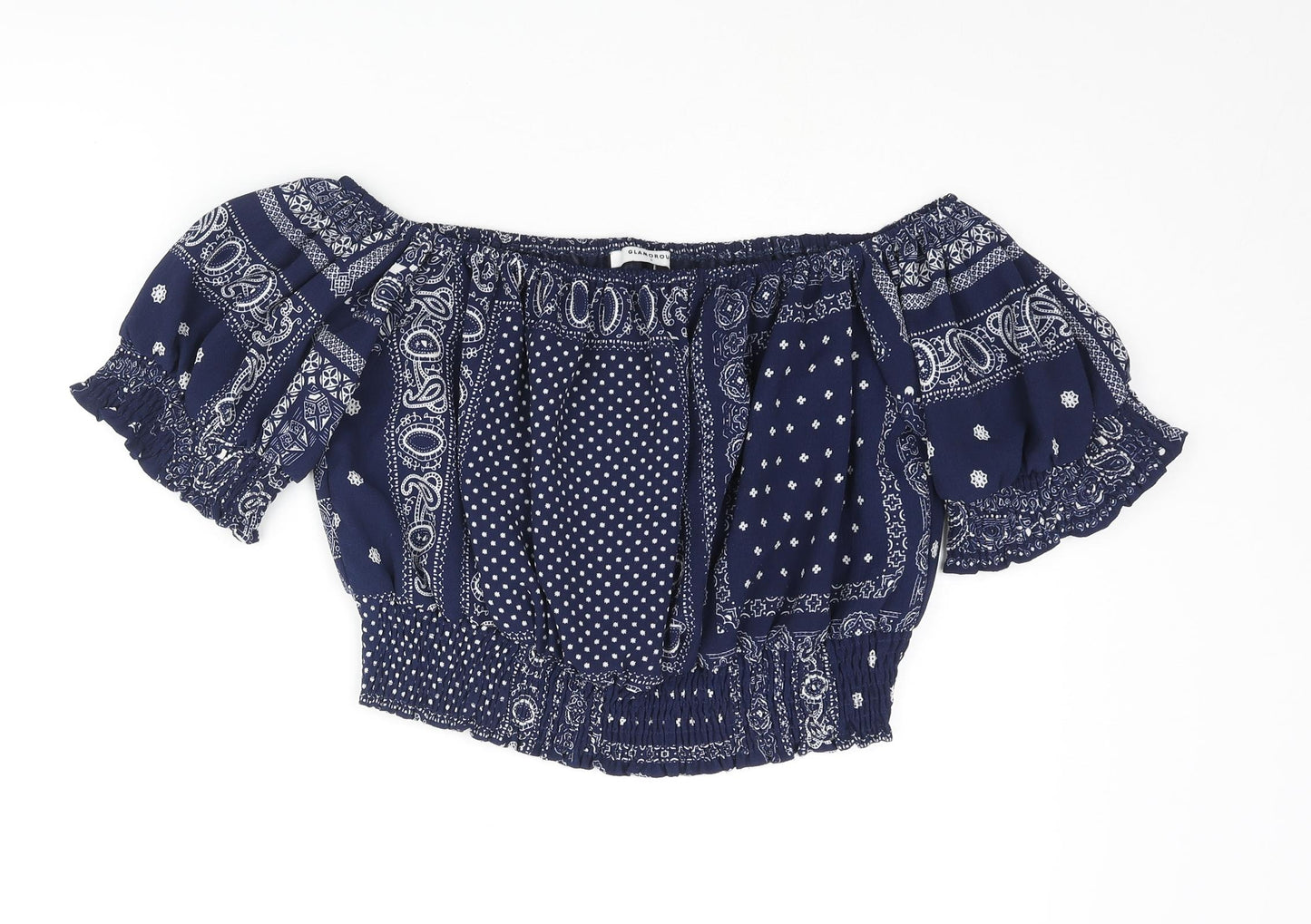 Glamorous Womens Blue Paisley Polyester Cropped Blouse Size S Off the Shoulder - Rouched