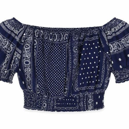 Glamorous Womens Blue Paisley Polyester Cropped Blouse Size S Off the Shoulder - Rouched